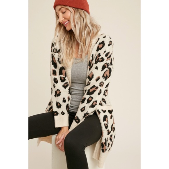 SOLD OUT Oatmeal Leopard Animal Print Open Front Knit Long Sleeve Casual - Picture 7 of 11